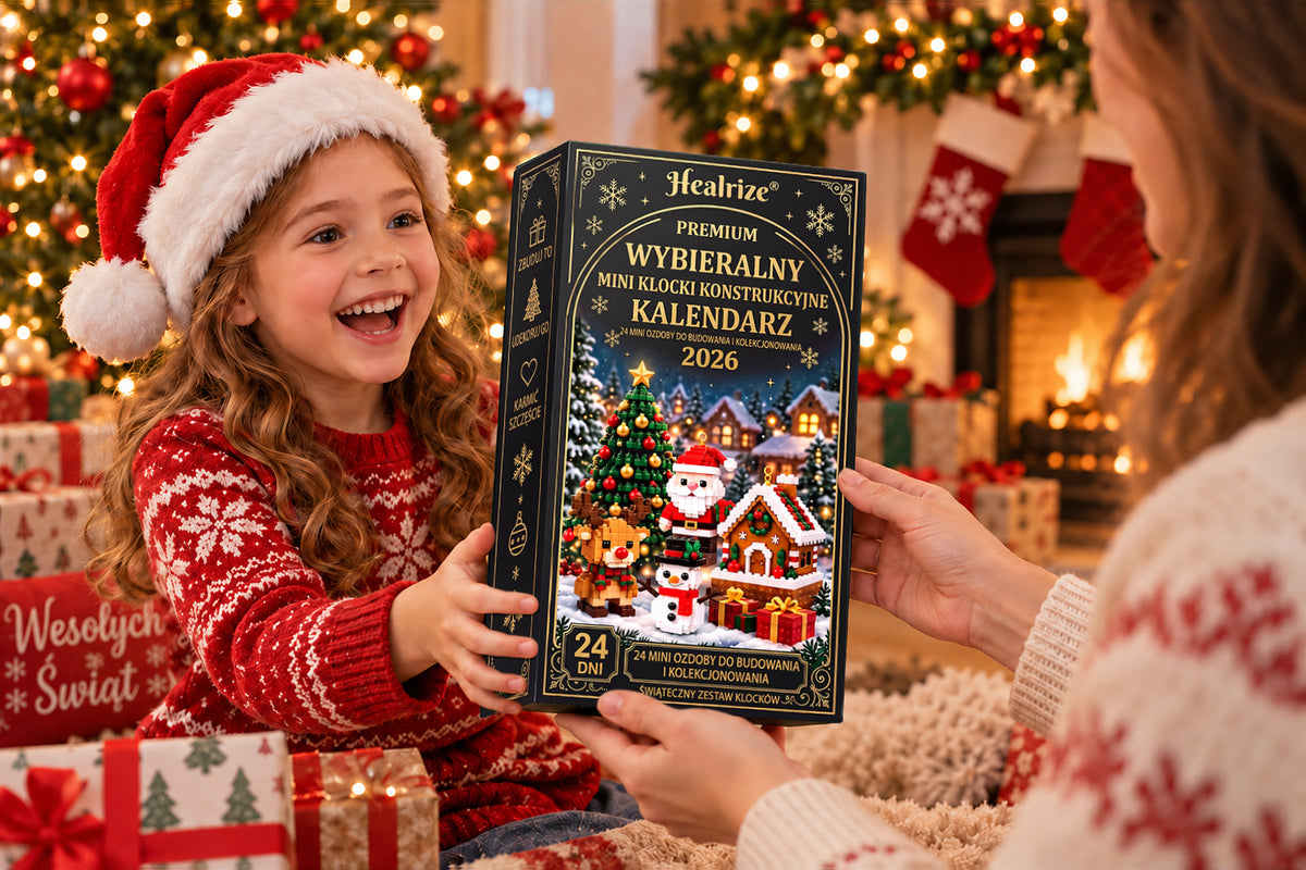 Dziecko z radością otrzymuje kalendarz adwentowy Healrize® 2026